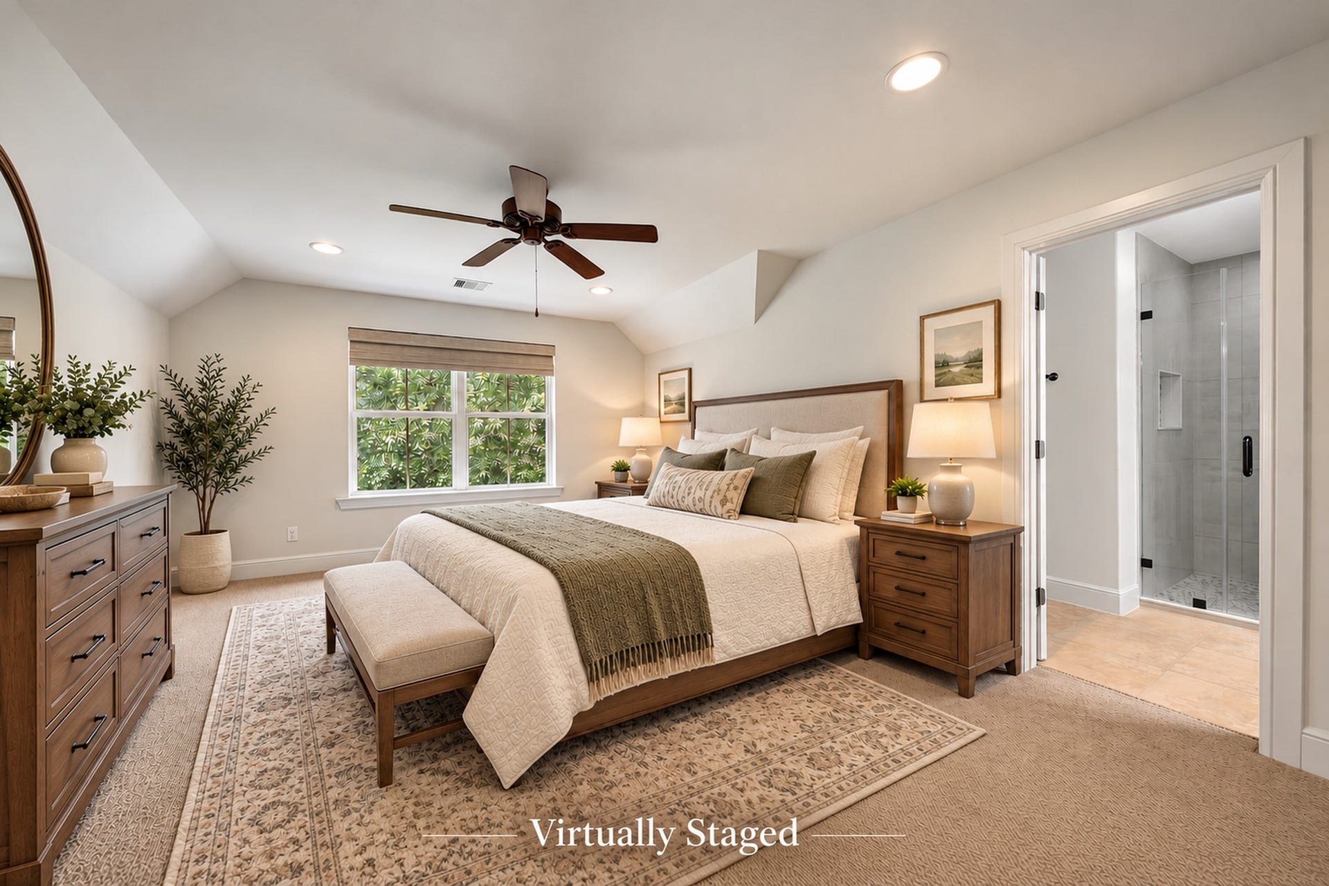 Virtually staged. This alternate arrangement illustrates the upstairs room as a bedroom. The furniture and dcor shown are digitally added. Attic access to the Texas Basement is in the stair landing outside this room.