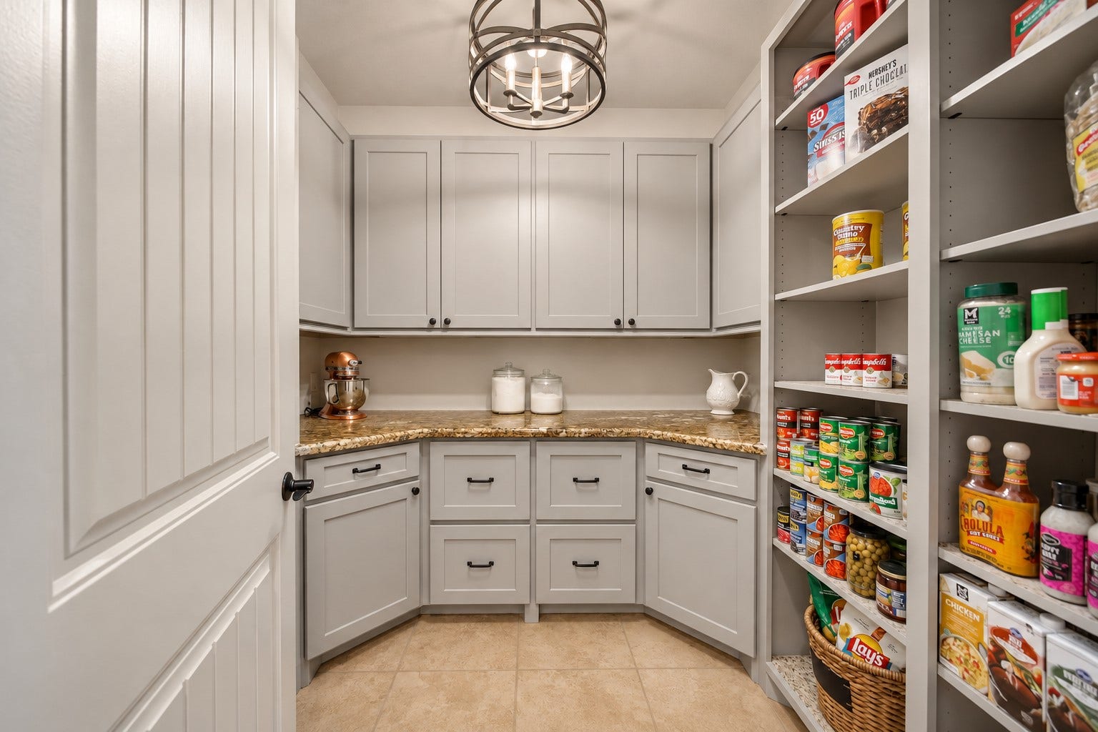 A pantry of your dreams offers more than just great storage, but a place to prepare dishes in a welcoming setting.