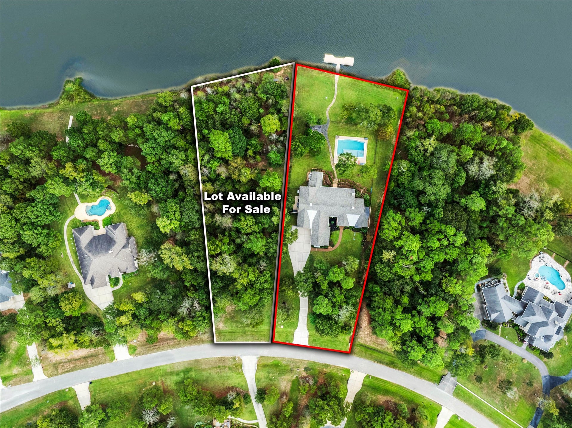 From above, the relationship becomes clear: the home's lakefront parcel and neighboring wooded lot. The adjacent 1.25 acre outlined lot is separately listed and is not included in this home's 1.23 acres. YOU CAN FIND THE AVAILABLE LOT UNDER MLS # 14972805. Outlines are approximate.