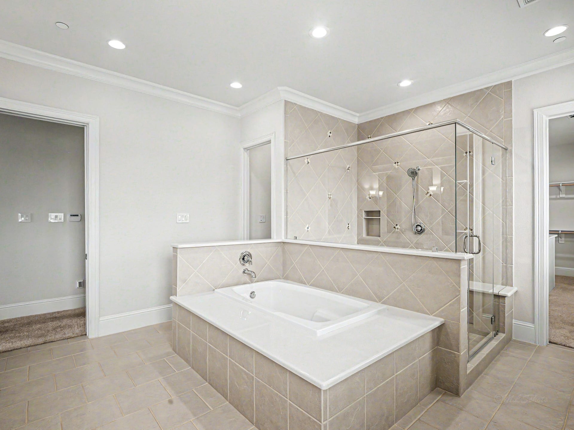 Opposite view showing the size of the shower & tub with area around it for easy access in & out, along with space for personal items.