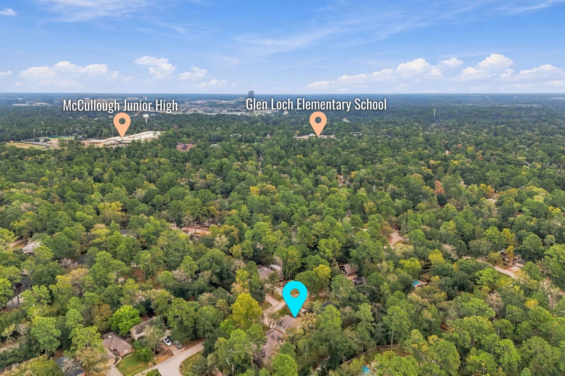 8 Diamond Oak Court, The Woodlands, TX 77381 Wide aerial view showcasing the home's location within a beautiful, tree-filled residential community.
