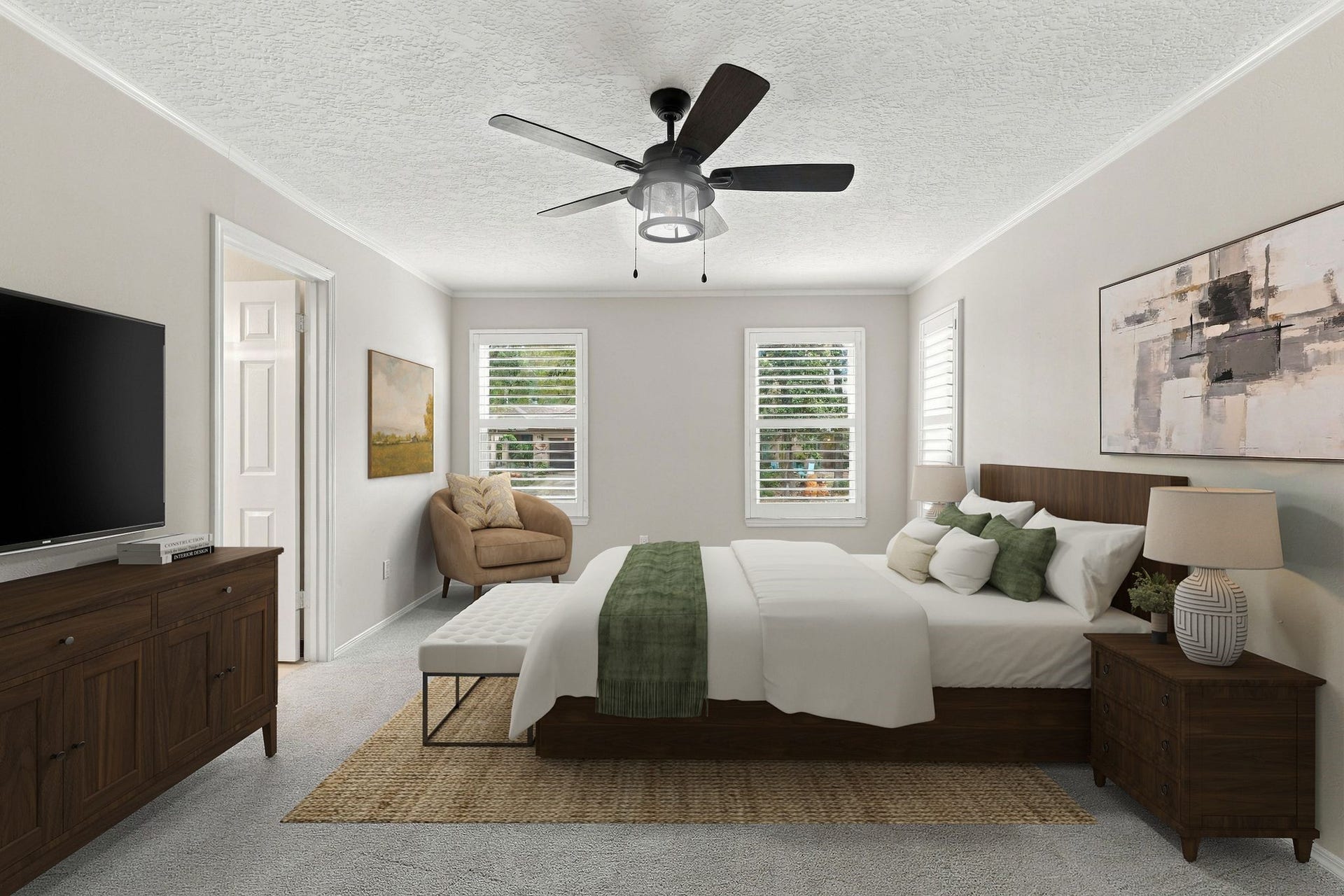 8 Diamond Oak Court, The Woodlands, TX 77381 Another angle of the primary bedroom, highlighting its generous space and natural light. Notice the Plantation Shutters - so elegant! Virtually staged