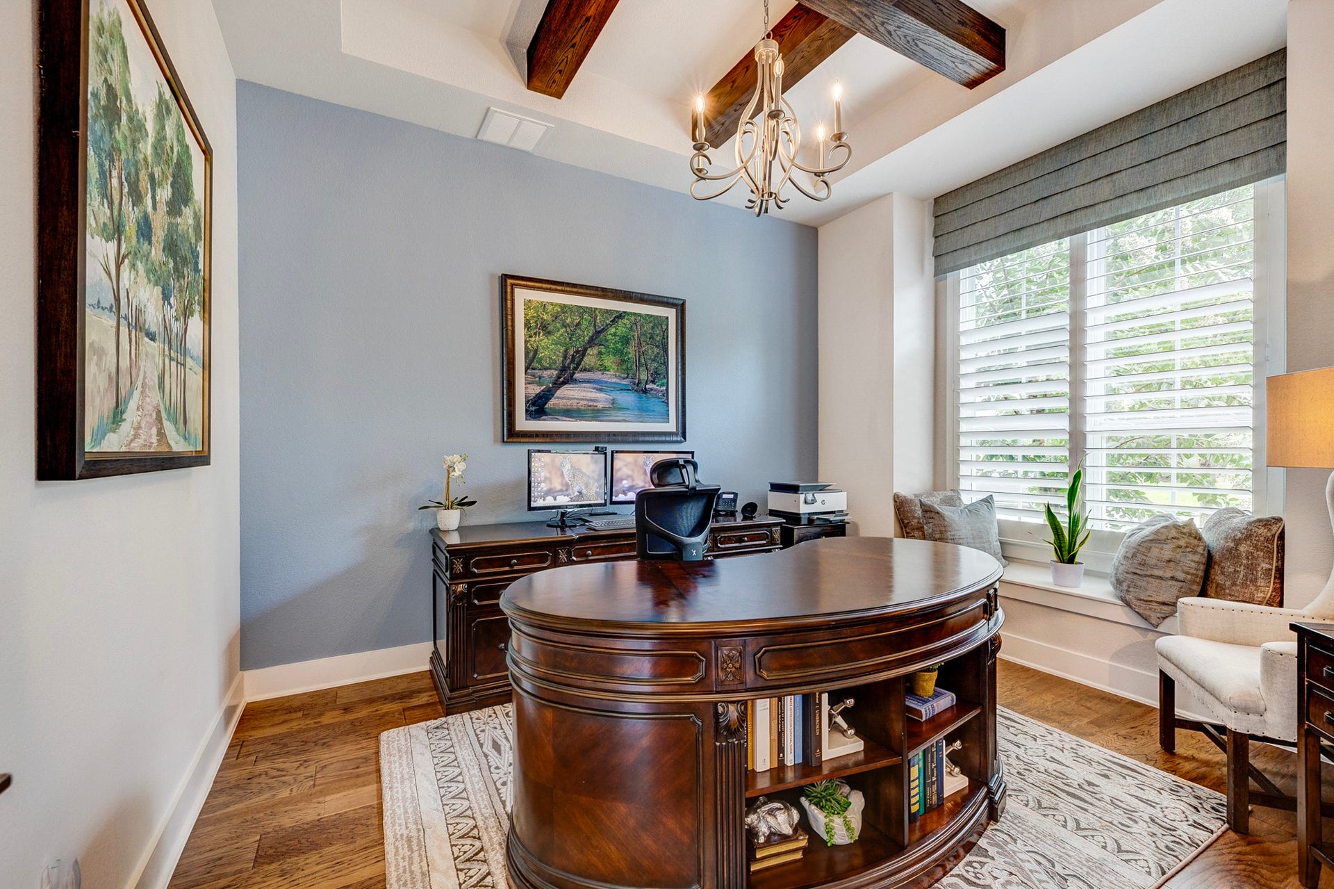 121 Sugar Pine Court, Montgomery, TX 77316 Gorgeous wood beams to draw ones eyes upward in the study with a plethora of natural light