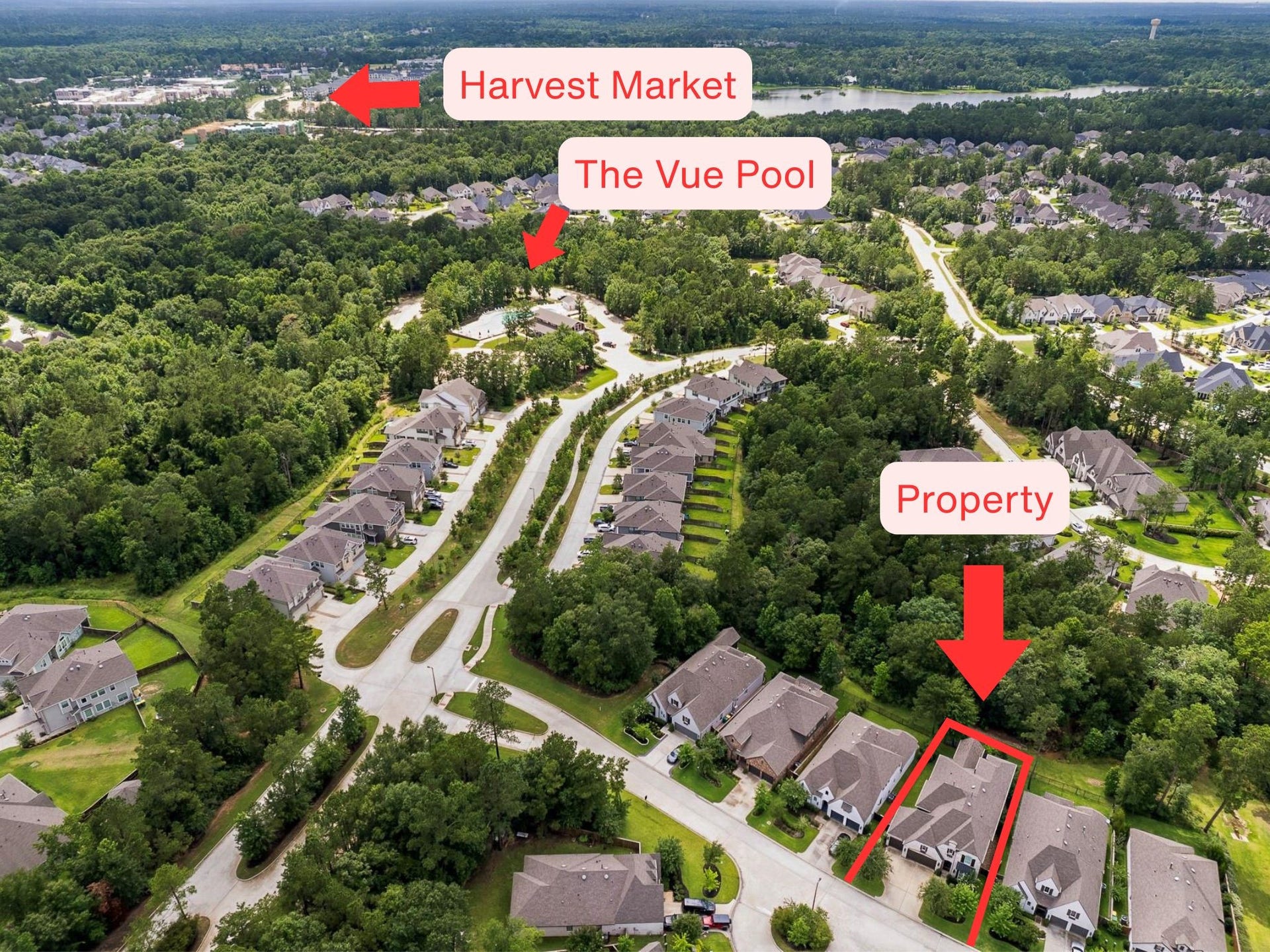 121 Sugar Pine Court, Montgomery, TX 77316 Property is walking distance from The Vue Pool and a short golf cart ride from Harvest Market the grocery store in the neighborhood