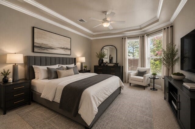 This is upscale spacious primary oasis with lots of windows, tray ceiling is fit for a king and queen will accomoate large furniture virtually staged.