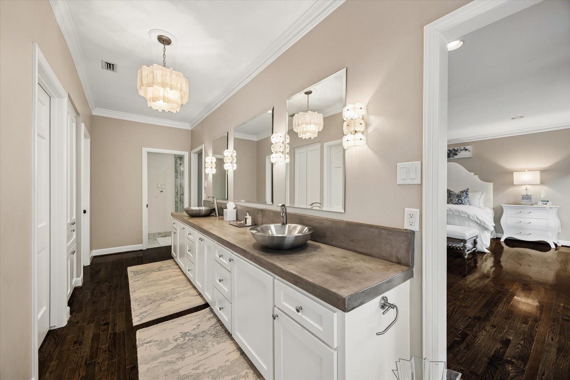 The Master Bath features custom lighting plus dual sinks on a loooooong vanity.  The Master Bath also has dual closets and fantastic storage.