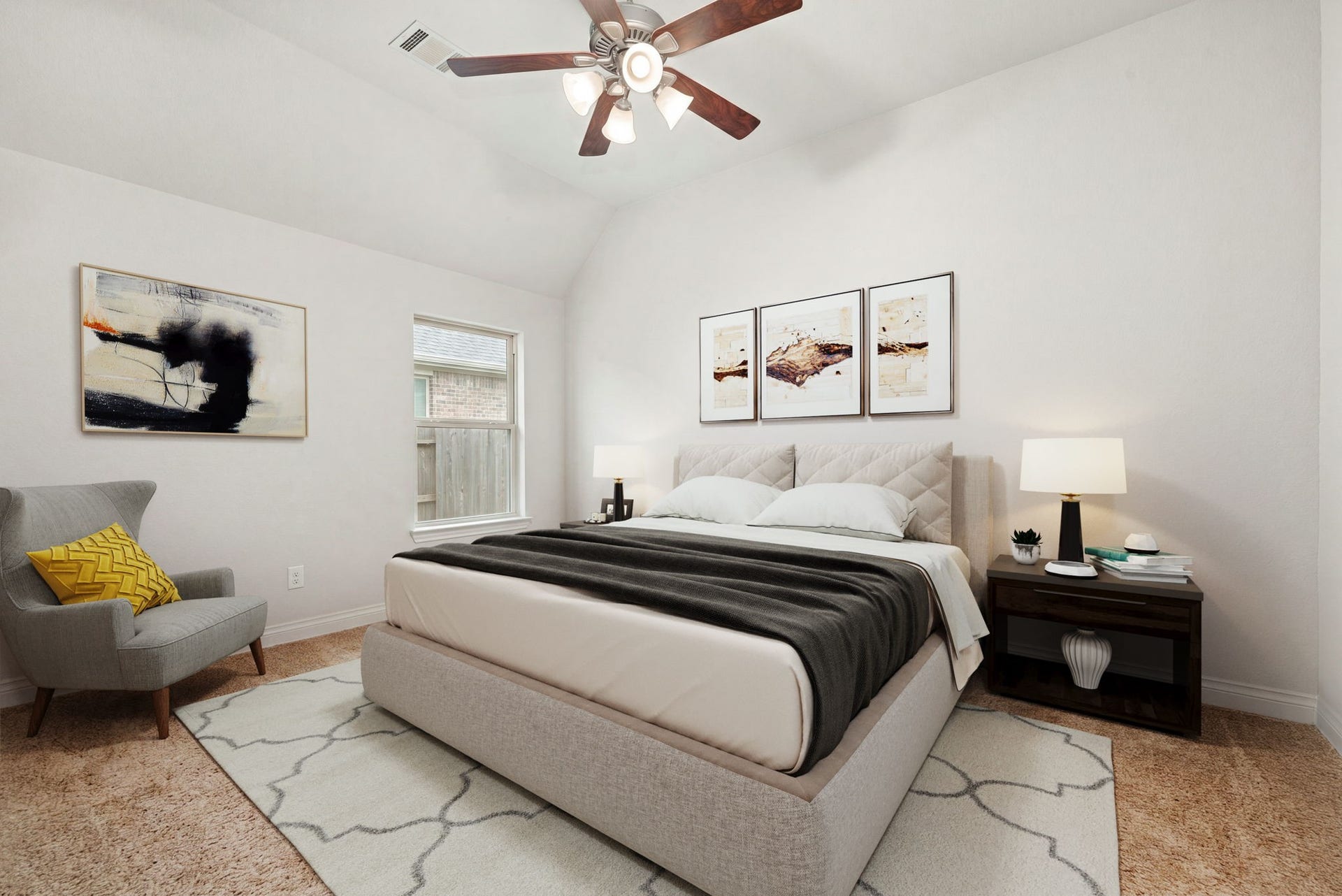 4103 August Light Court, Fulshear, TX 77441 A sharply pitched cathedral ceiling commands immediate attention, drawing the eyes upward to maximize the room's impressive vertical scale. Breaking away from traditional layouts, an off-centered vertical window injects an artistic, contemporary vibe while bathing the crisp white walls in rich natural light. *Virtually Staged