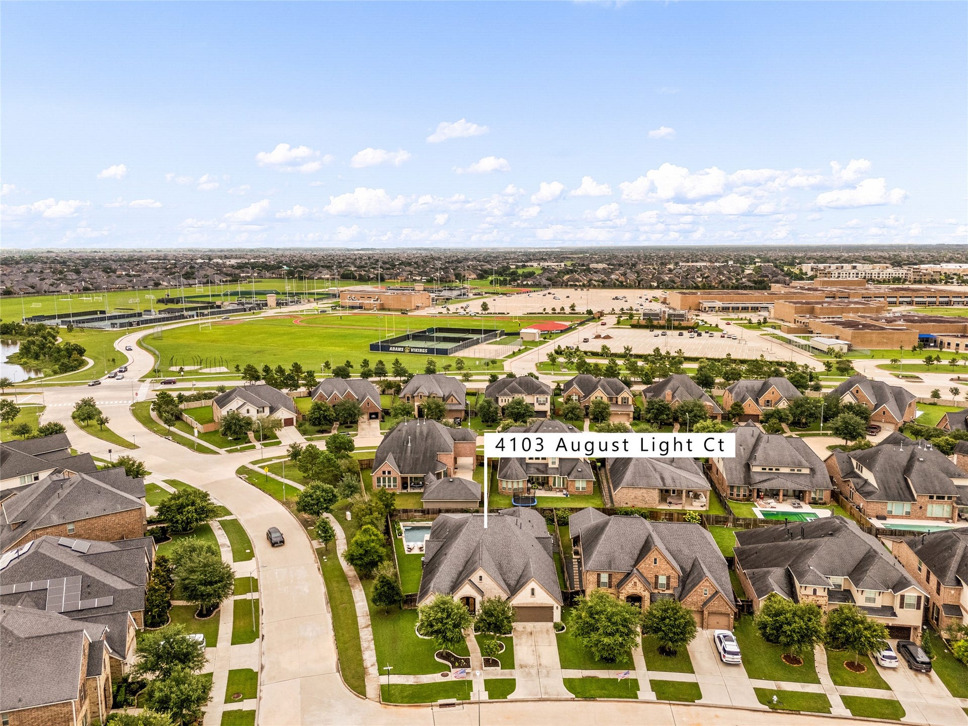 4103 August Light Court, Fulshear, TX 77441 Nestled along a quiet, curved street with wide sidewalks, the home enjoys direct access to neighborhood parks, walking trails, and recreation fields just steps away. Plus, Campbell Elementary, Adams Junior High, and Jordan High School are all right nearby, offering exceptional convenience for everyday living.