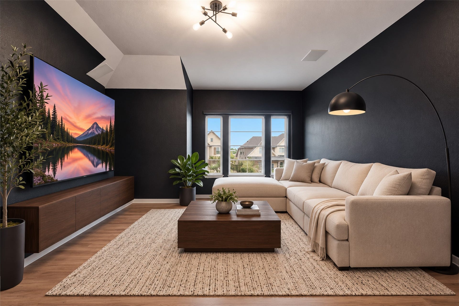31539 Beacon Cove Trail, Fulshear, TX 77441 Designed for immersive entertainment, the media room features dark walls and controlled natural light. Virtually staged for layout purposes.