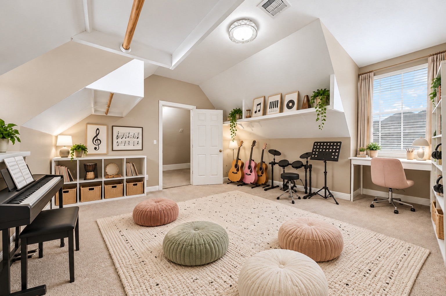 7610 Northwoods Drive, Sugar Land, TX 77479 With its distinctive angled ceilings and cozy layout, this room can be turned into kid's music room which brings character and a dedicated space for imagination and artistic expression. (Virtually Staged)