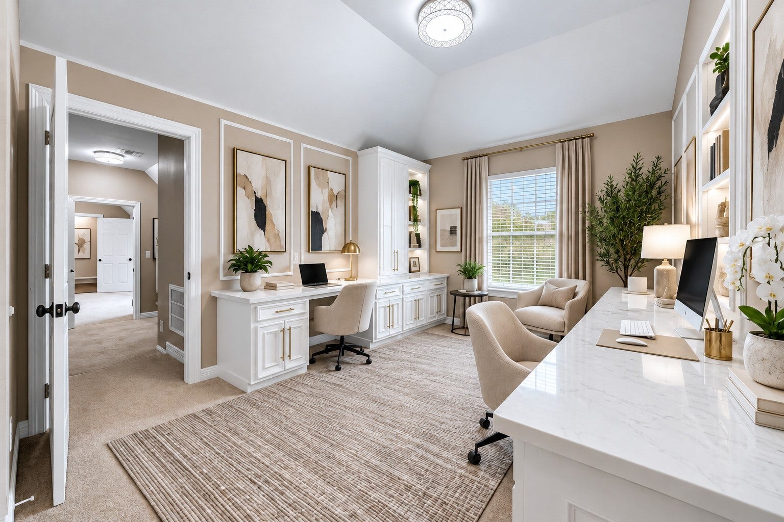 7610 Northwoods Drive, Sugar Land, TX 77479 A dedicated home office with extensive built-in workspace makes working from home feel organized, comfortable, and productive. (Virtually Staged)