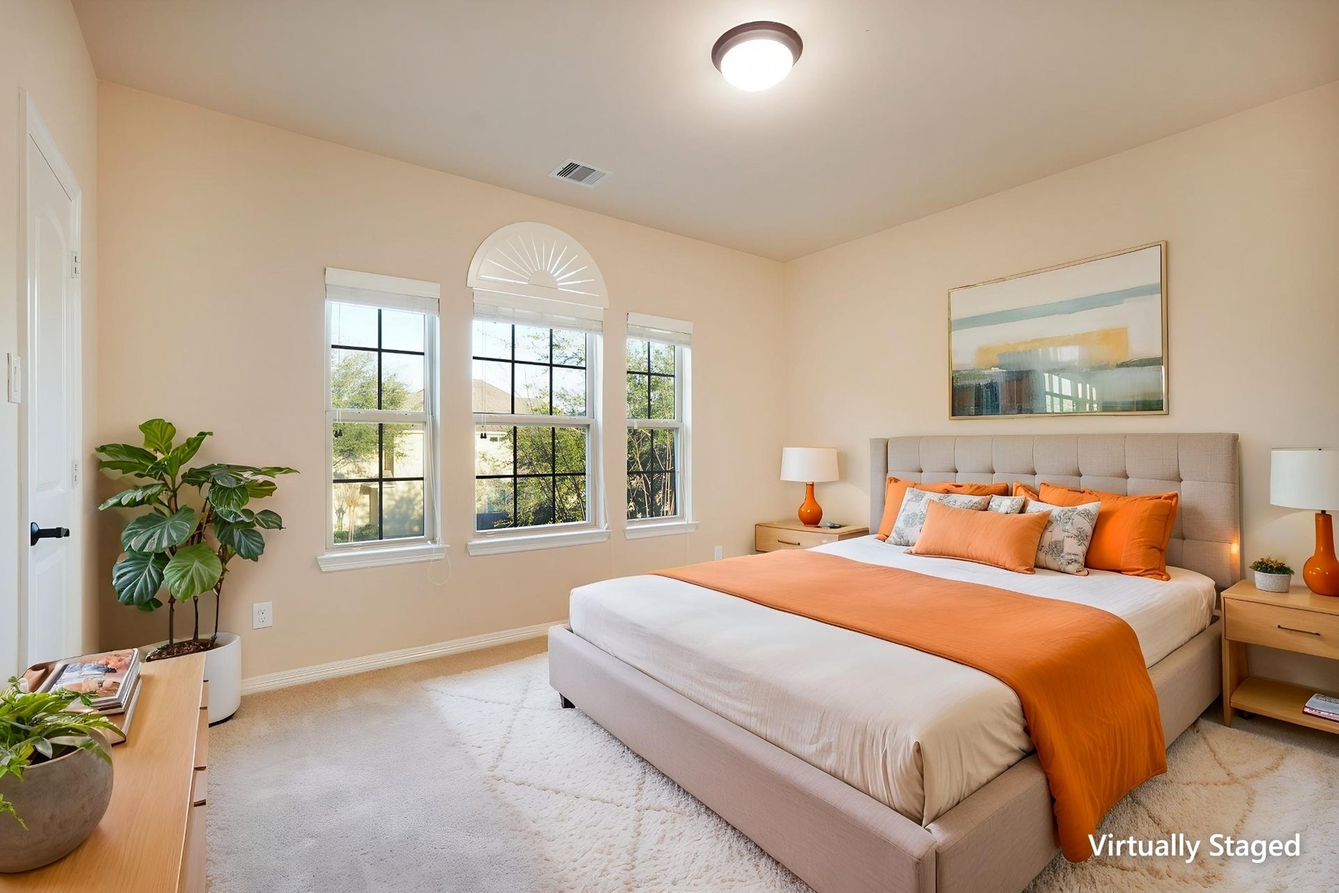 3102 Barrons Way, Sugar Land, TX 77479 SECOND Flr-Bed#4: *Virtually Staged* This bright, large bedroom features neutral walls, a plush carpet, and a large window with a decorative arch, offering plenty of natural light.