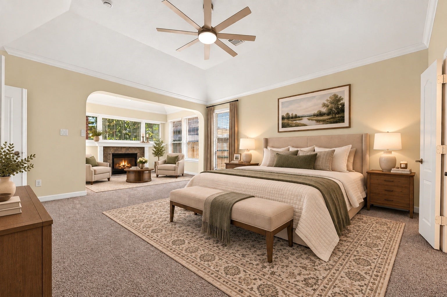 826 Ivory Ridge Lane, Houston, TX 77094 VIRTUALLY STAGED ROOM TO RELAX & SO MUCH MORE! This impressive Primary Suite easily accommodates a king-size bed, nightstands & additional furnishings with room to spare. Beyond the arched opening, the fireplace sitting area offers wonderful versatilitycreate a cozy 2nd living area, private study, reading retreat, exercise space or hobby area. One remarkable Primary Suite with space to make it uniquely your own!
