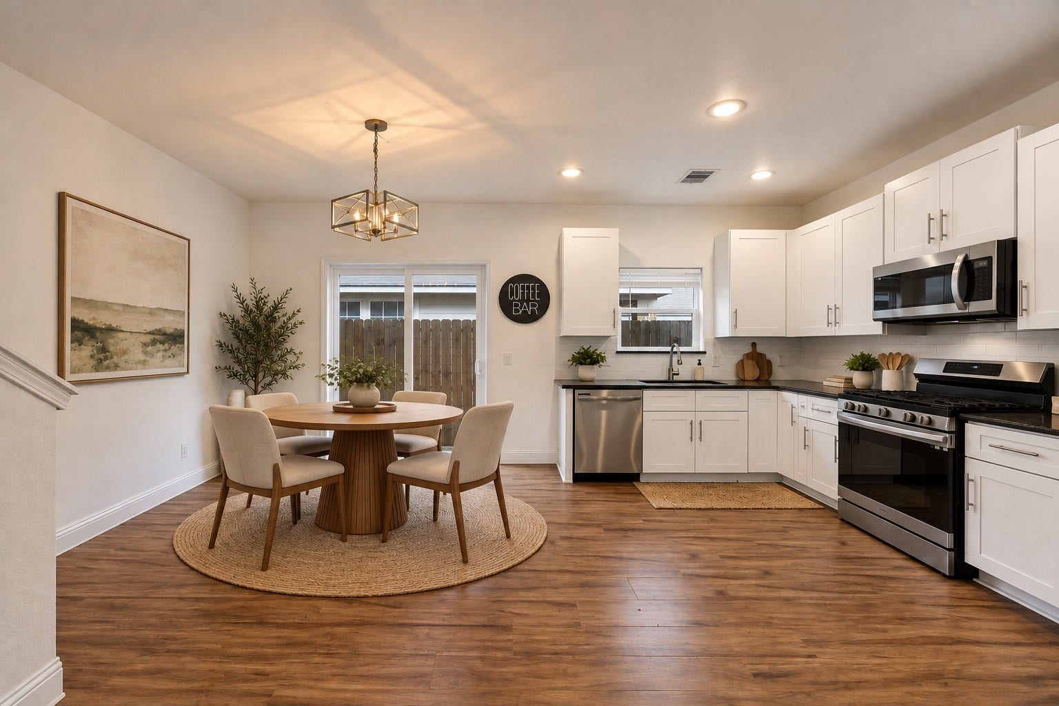 3515 Shelby Circle, #A/B, Houston, TX 77051 **Virtually Staged** The bright and airy open concept kitchen and dining offers stainless steel appliances, natural light from the kitchen window and sliding glass door, ample storage, and soft close cabinets and drawers.