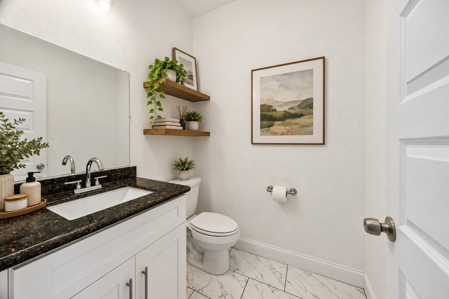 3515 Shelby Circle, #A/B, Houston, TX 77051 **Virtually Staged** The spacious first-floor half bath offers generous counter, storage, and wall space, providing plenty of opportunity for additional storage and personal dcor. More than just a powder bath, the space can be styled to feel like a thoughtful extension of the homes overall design aesthetic.