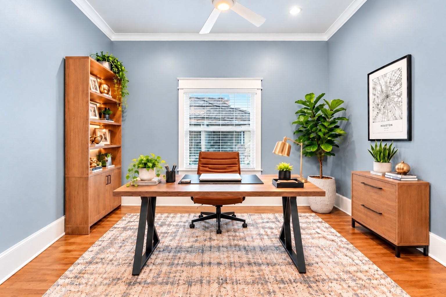 821 W 17th Street, #B, Houston, TX 77008 Now, back at the top of the stairs, do you remember those double glass doors? Behind them lay this perfectly proportioned, private office space with digitally imagined office furniture.