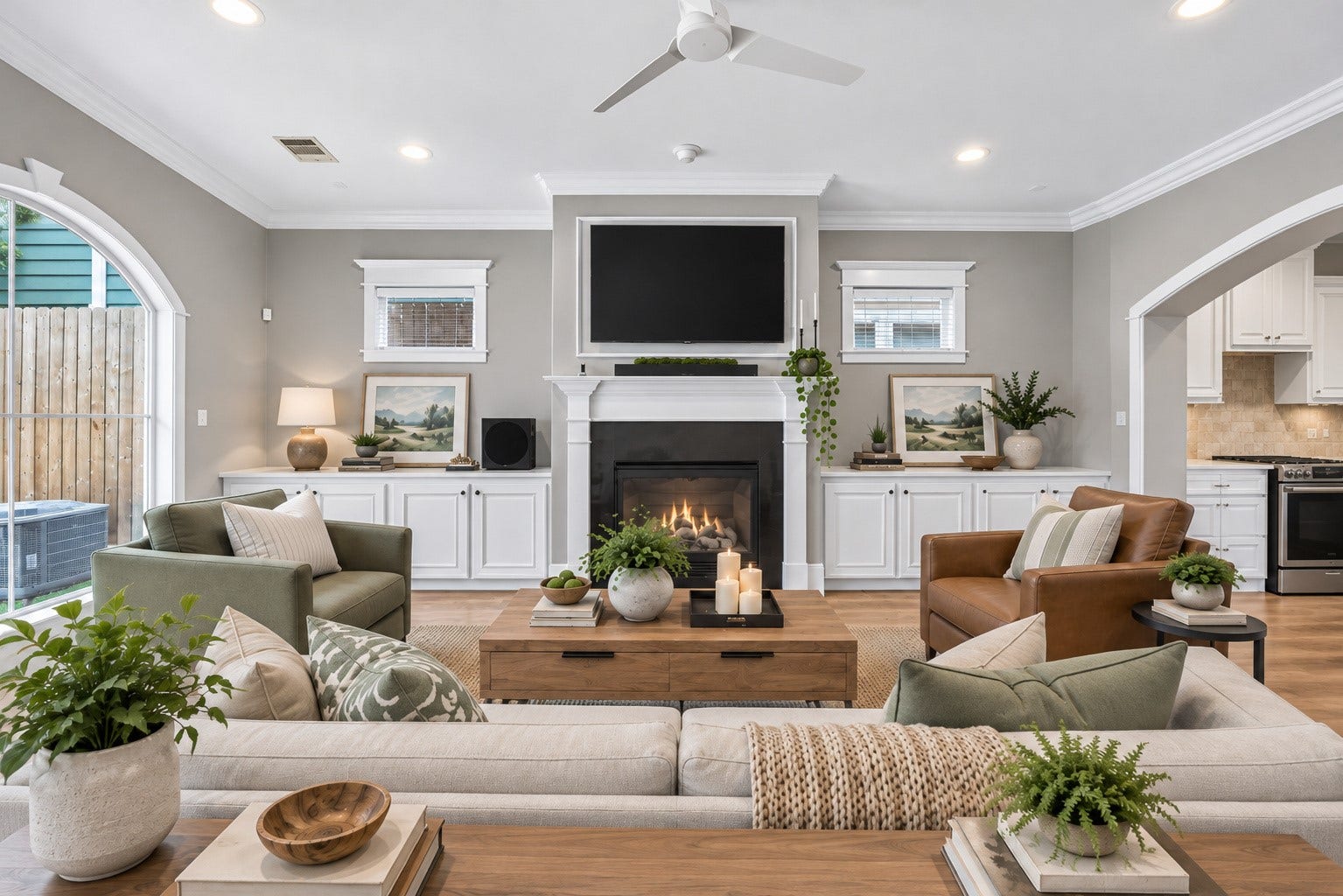 821 W 17th Street, #B, Houston, TX 77008 Spacious family room centers around a handsome fireplace with custom built-ins and an easy, comfortable layout for gathering and entertaining. Also presented with that different style of decor digitally rendered