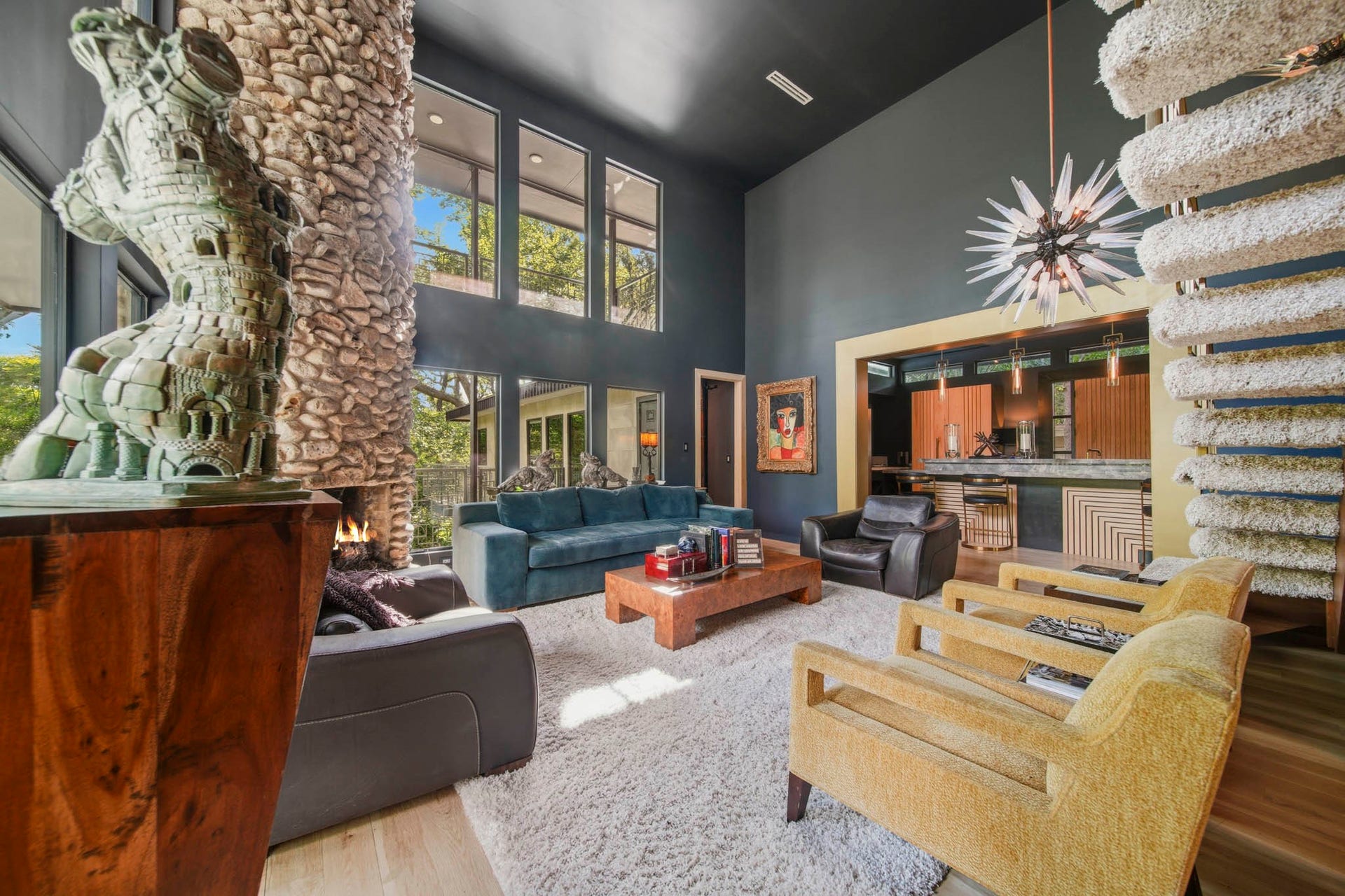 203 Chimney Rock Road, Houston, TX 77024 Living room with original stone fireplace