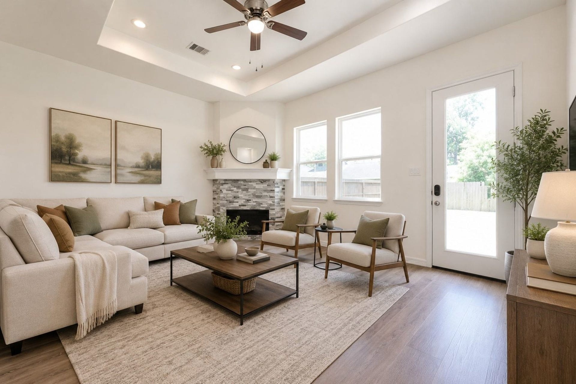 Bright and inviting living room featuring a cozy fireplace, elegant tray ceiling, and abundant natural light from large windows.
Stage