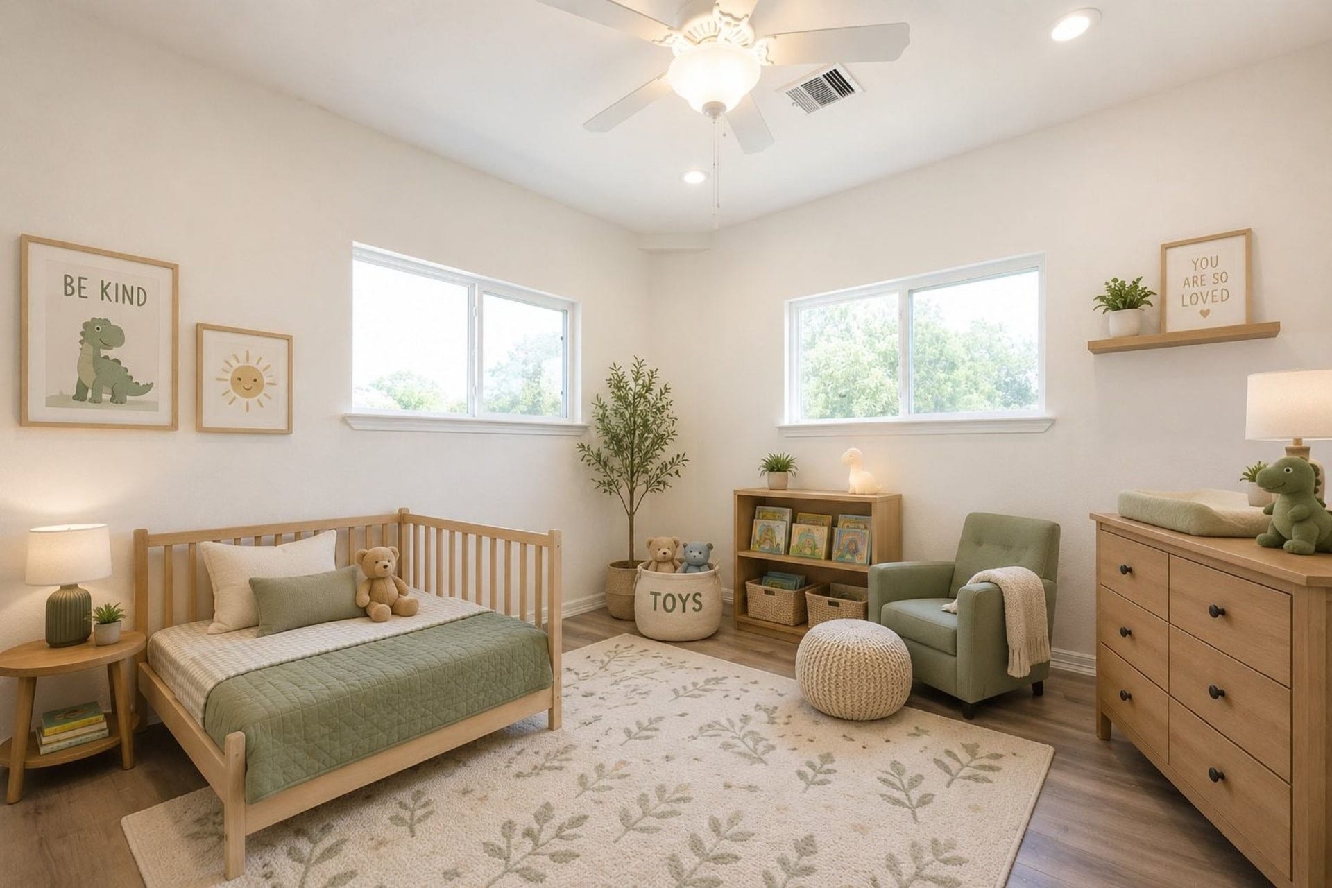 Bright and charming children's room featuring soft neutral tones, cozy bed, and ample natural light, creating a warm and inviting atmosphere.
Room have been stage