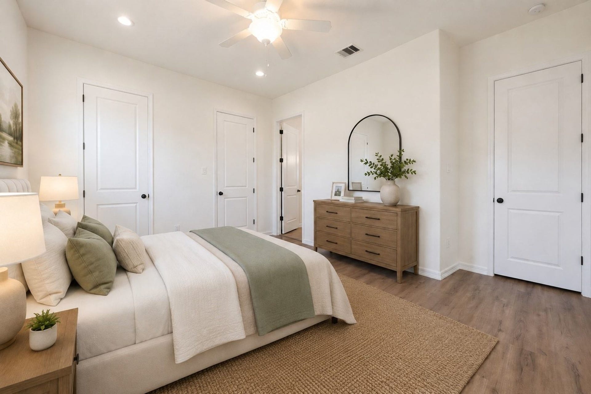 Inviting Pincipal bedroom with a soothing color palette, featuring a cozy bed, elegant wooden dresser, and ample natural light.
Stage Room