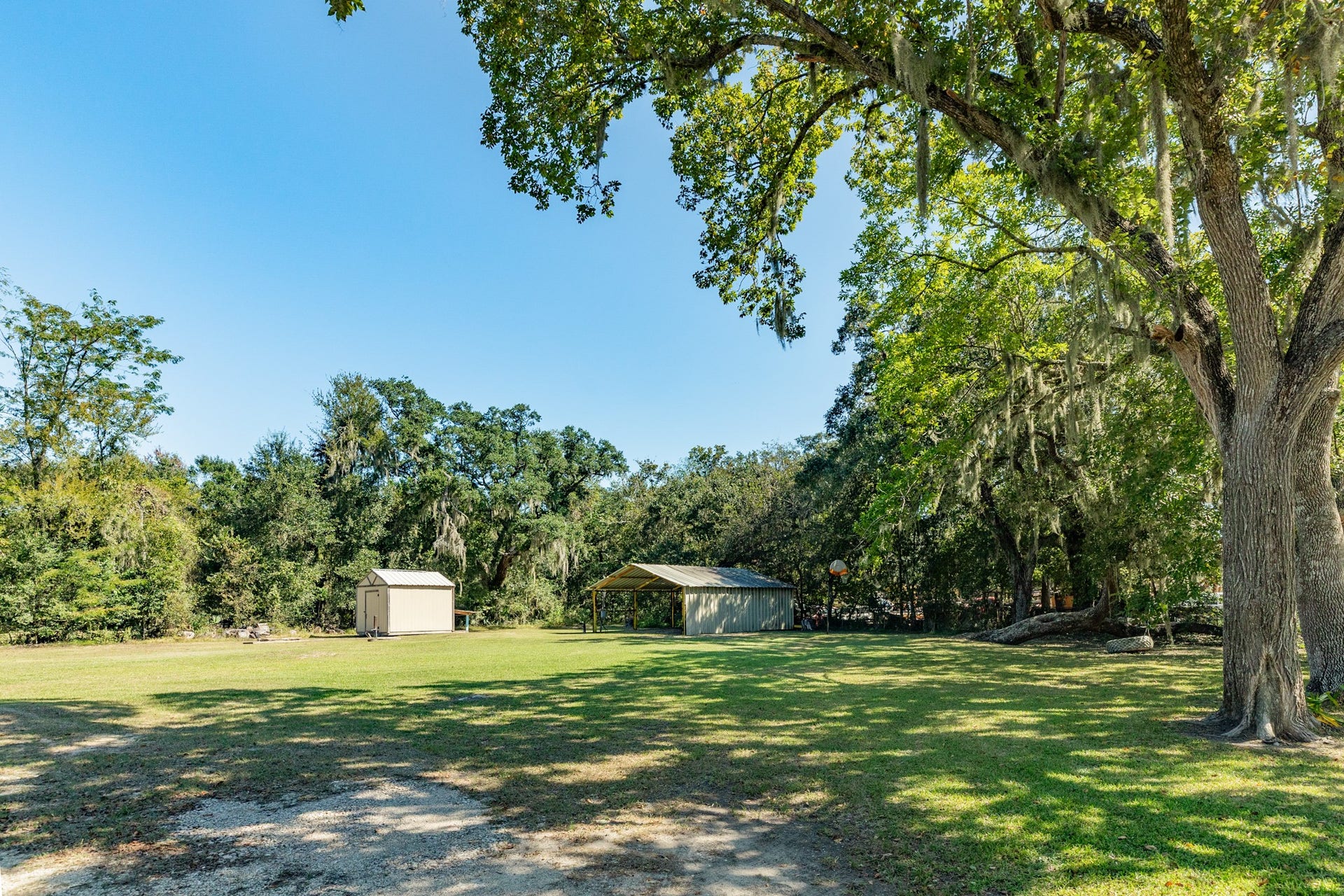 1602 County Road 939, Sweeny, TX 77480 Spacious grassy yard framed by beautiful mature trees draped in Spanish moss. A freestanding storage shed and covered metal structure add versatility to the outdoor space.