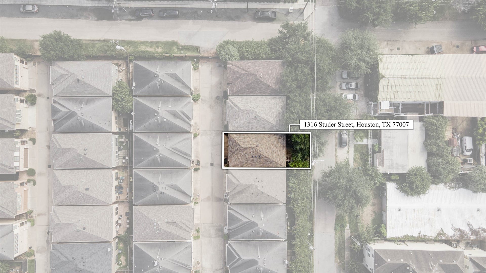 1316 Studer Street, Houston, TX 77007 An overhead perspective provides an excellent look at the homes position within Memorial Park Village, illustrating the intimate residential setting and neighboring residences surrounding the property.
