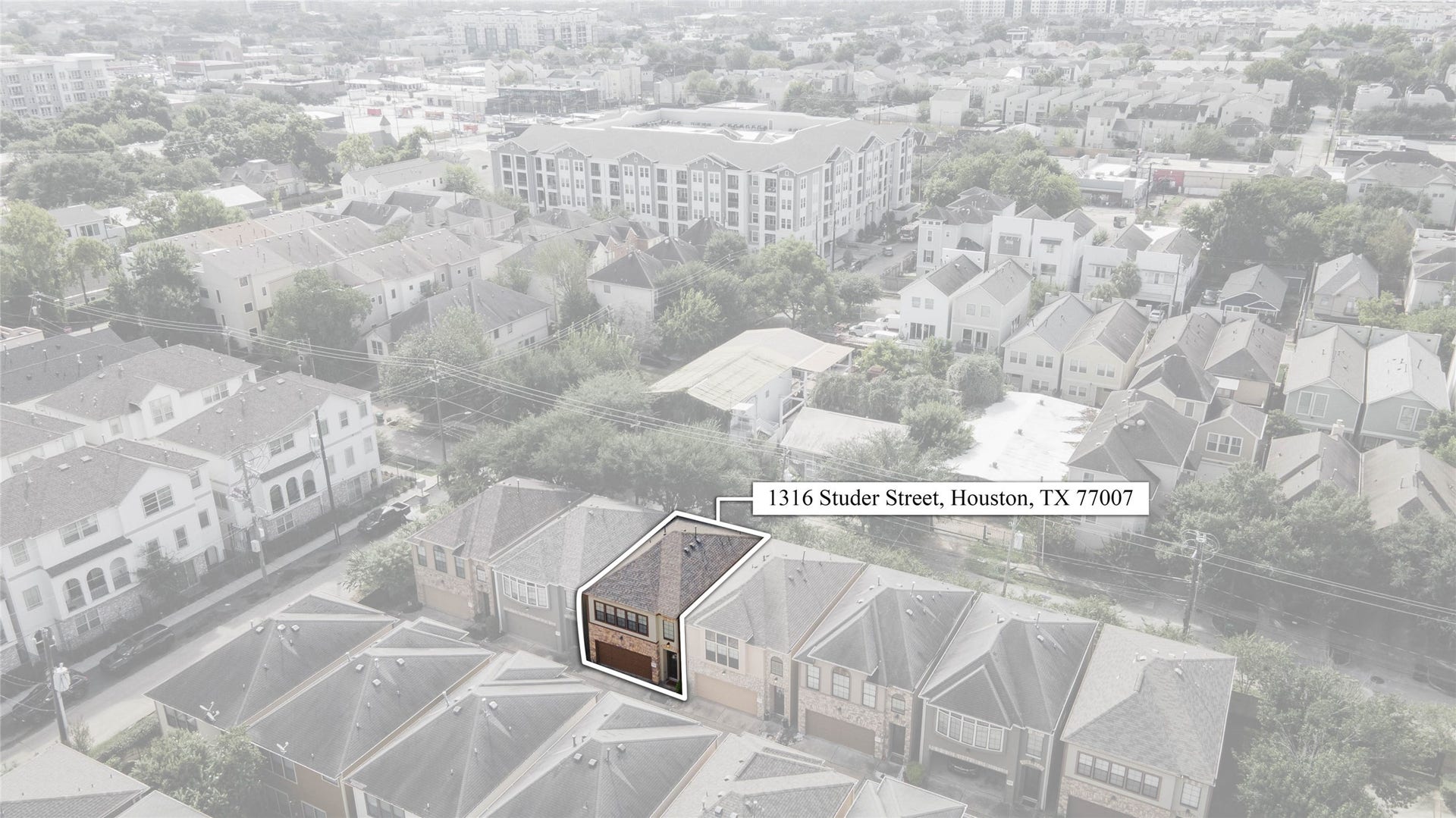 1316 Studer Street, Houston, TX 77007 A labeled aerial view helps identify the residence within its immediate surroundings, providing helpful context for the homes placement inside the community and its relationship to nearby streets and development.