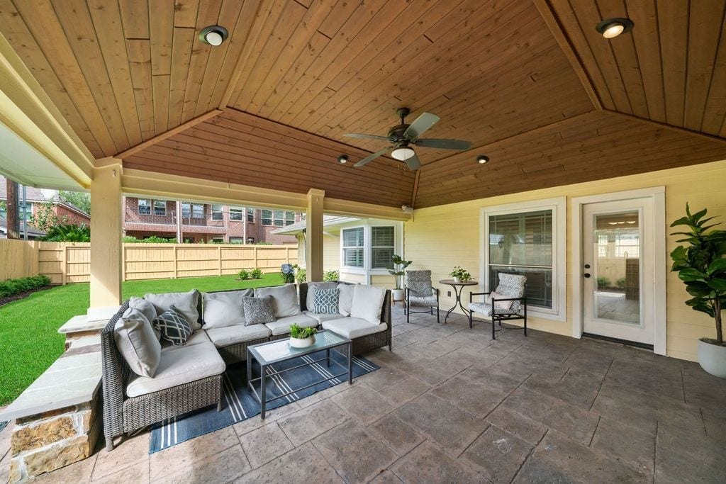 1119 Sheffield Street, Bellaire, TX 77401 Welcome to 1119 Sheffield, where outdoor living takes center stage! The expansive 18' x 15' covered patio, constructed in 2019, offers the perfect setting for family gatherings, weekend barbecues, and relaxing evenings together.