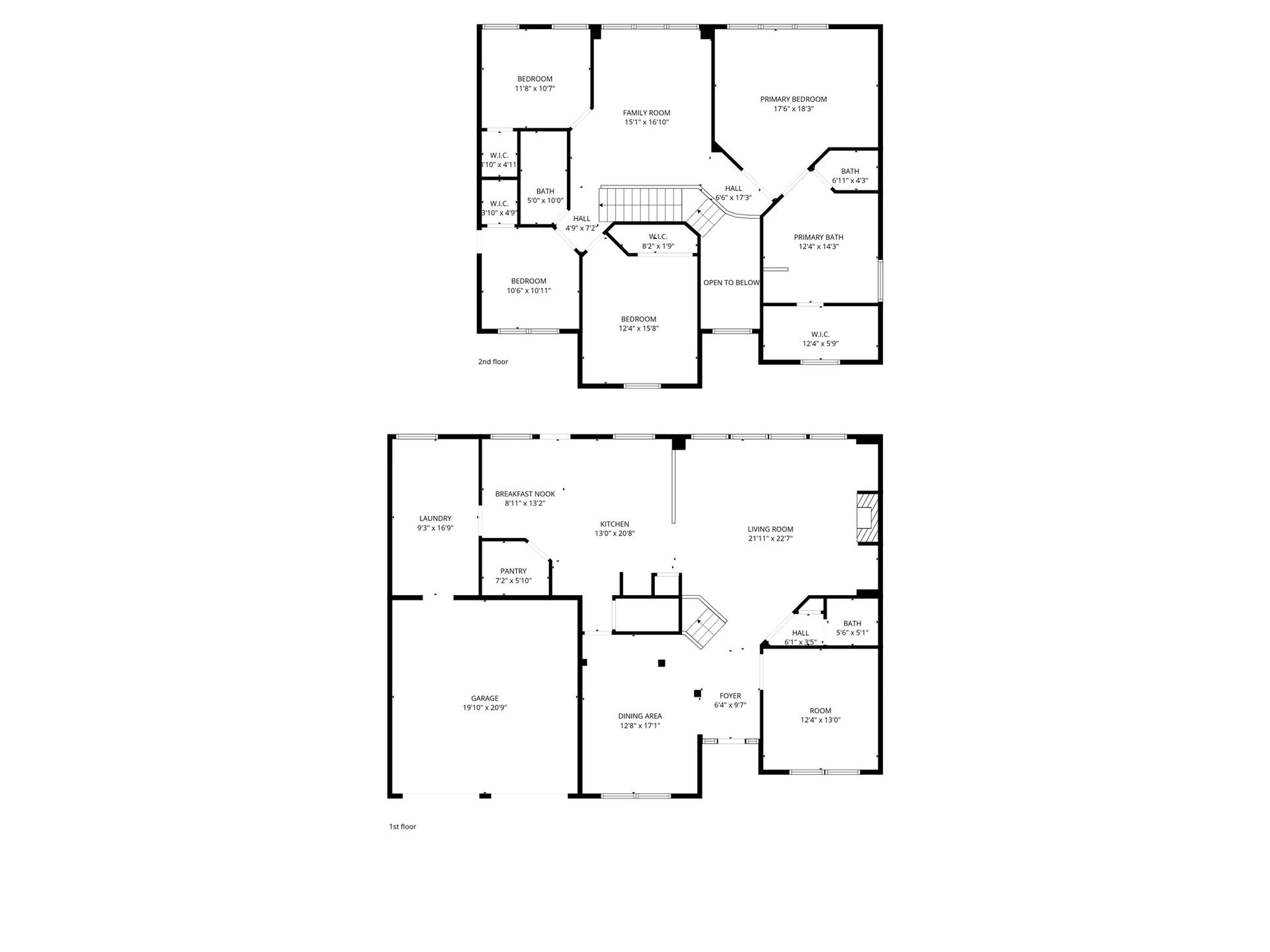 This is a two-story floor plan. The first floor features a spacious living room, dining area, kitchen with pantry, breakfast nook, laundry room, and a garage. The second floor includes a primary bedroom with an en-suite bath, family room, additional bedrooms, and walk-in closets.