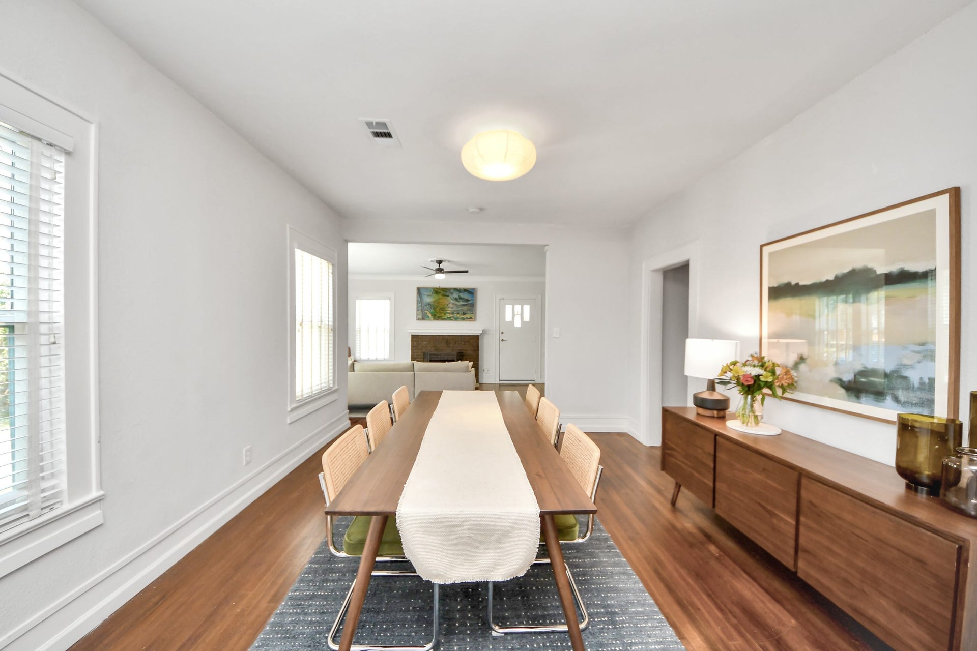 The dining area carries the home's historic charm, creating a comfortable and inviting atmosphere for entertaining.