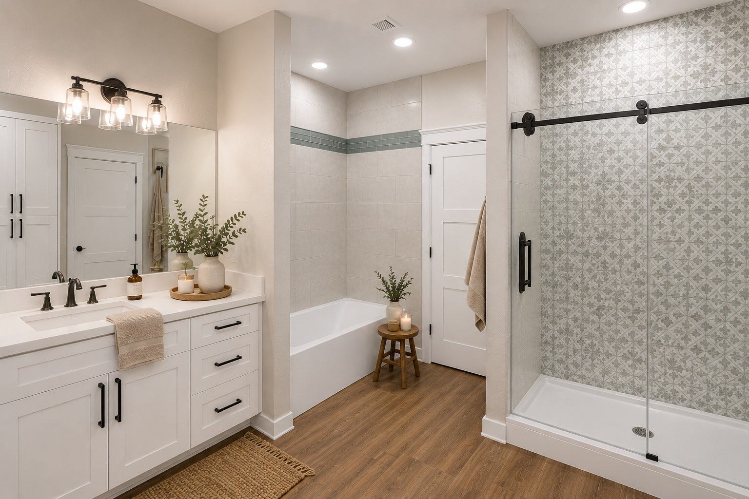 4864 County Road 182 Off, Alvin, TX 77511 This modern bathroom features a sleek design with a spacious glass-enclosed shower, patterned tile, a separate bathtub, and elegant white cabinetry with black fixtures. AI decorated photo.