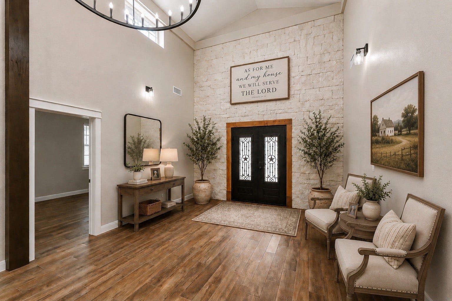 4864 County Road 182 Off, Alvin, TX 77511 This room features high ceilings and a statement stone accent wall with elegant metal rod iron double doors. The tile floors and large chandelier add warmth and sophistication, while ample natural light enhances the spaciousness. AI decorate photo.