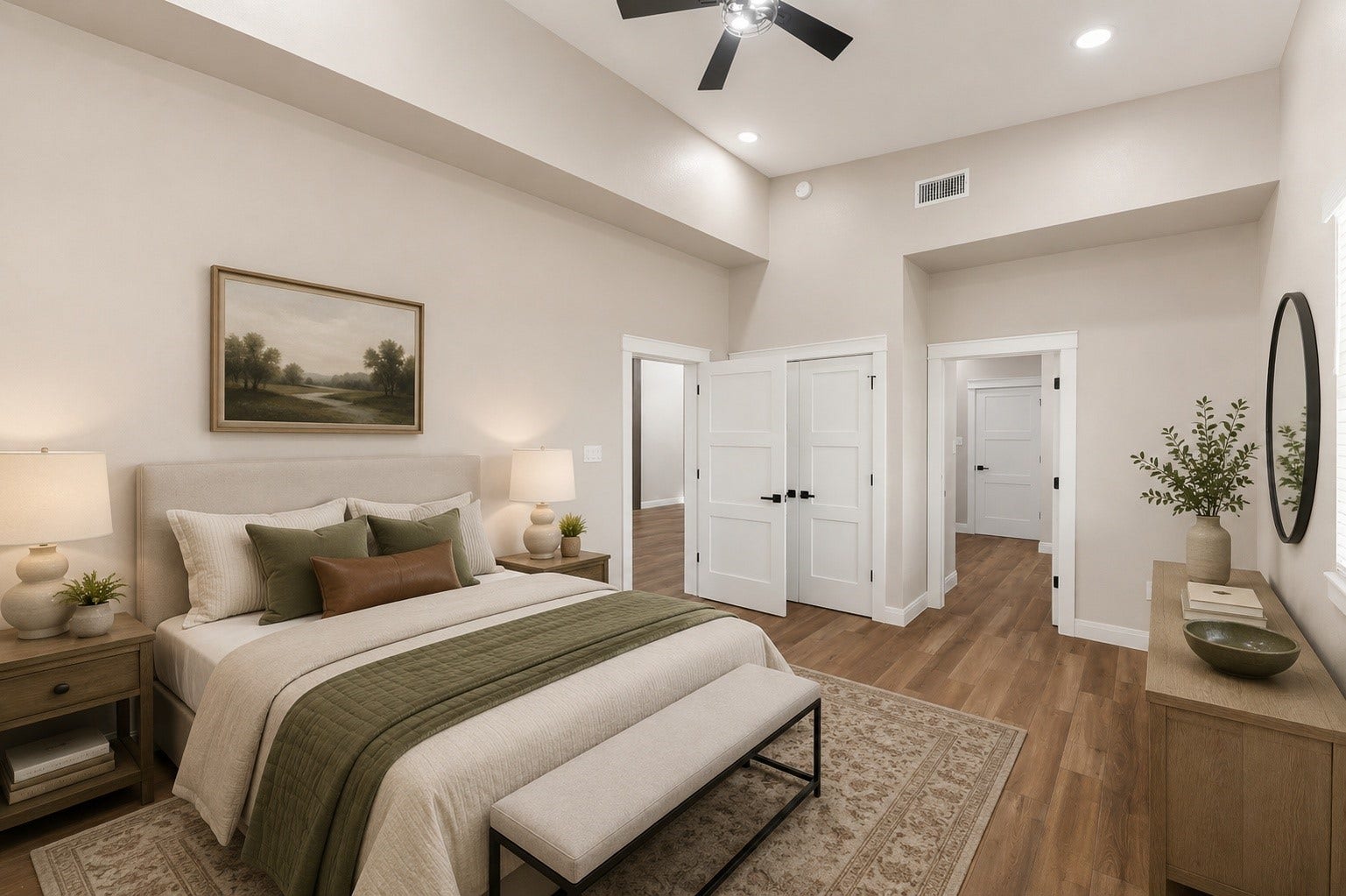 4864 County Road 182 Off, Alvin, TX 77511 Bright and spacious room with high ceilings, tile wood-style flooring, and recessed lighting. Features a ceiling fan and multiple doors leading to other areas, offering a modern and open feel. AI decorated photo.