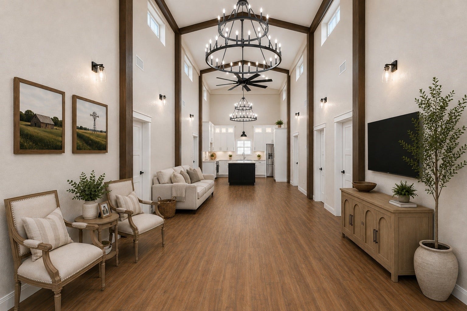 4864 County Road 182 Off, Alvin, TX 77511 This photo showcases a modern, open-concept living area with high ceilings and elegant chandeliers. The space features beautiful tile wood-style flooring and ample natural light, providing a warm and inviting atmosphere. The view extends to a kitchen area with a central island, perfect for entertaining. AI decorated photo.