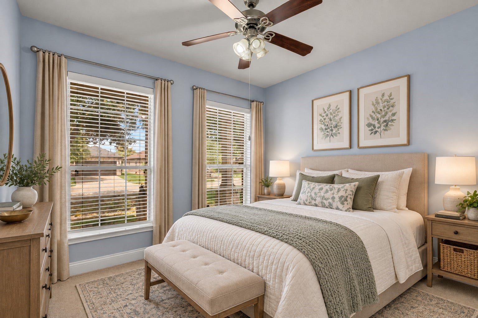 Secondary bedroom with front yard views and a walk-in closet.  (Virtually Staged)