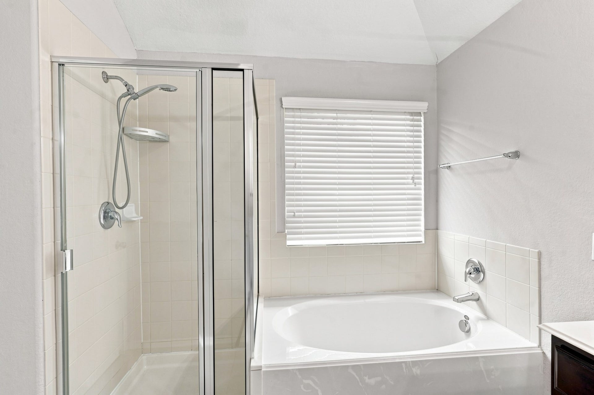 Primary bath featuring a separate glass-enclosed shower and soaking tub.
