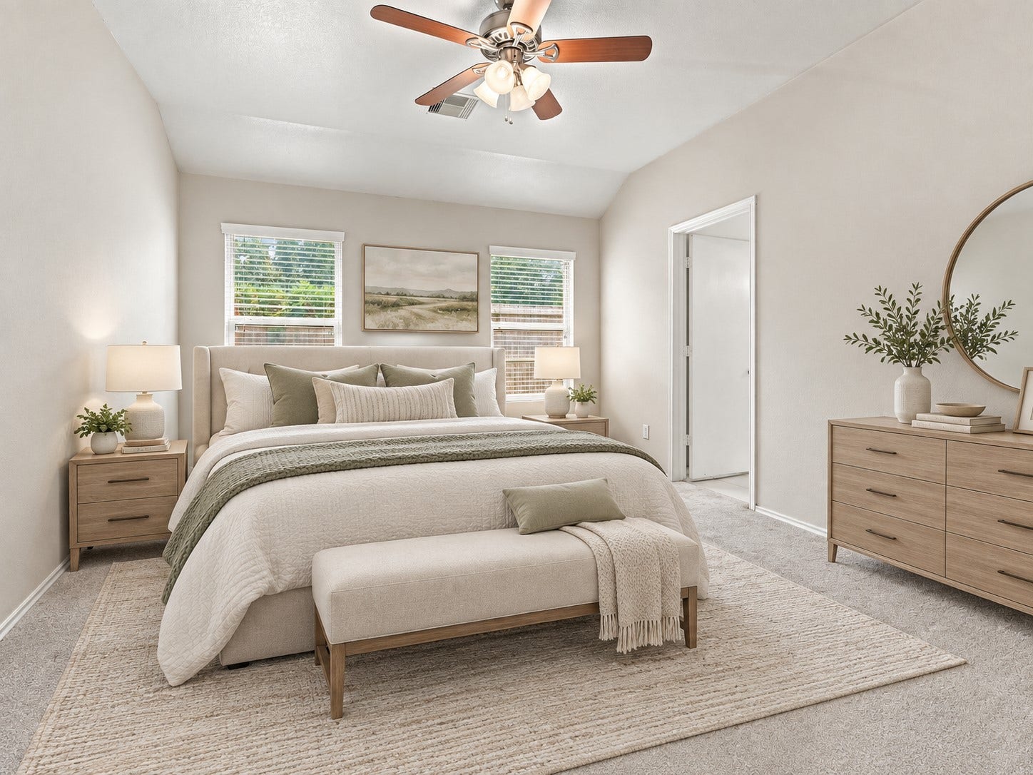 Primary bedroom with vaulted ceiling, ceiling fan, and en-suite access. Virtually staged.