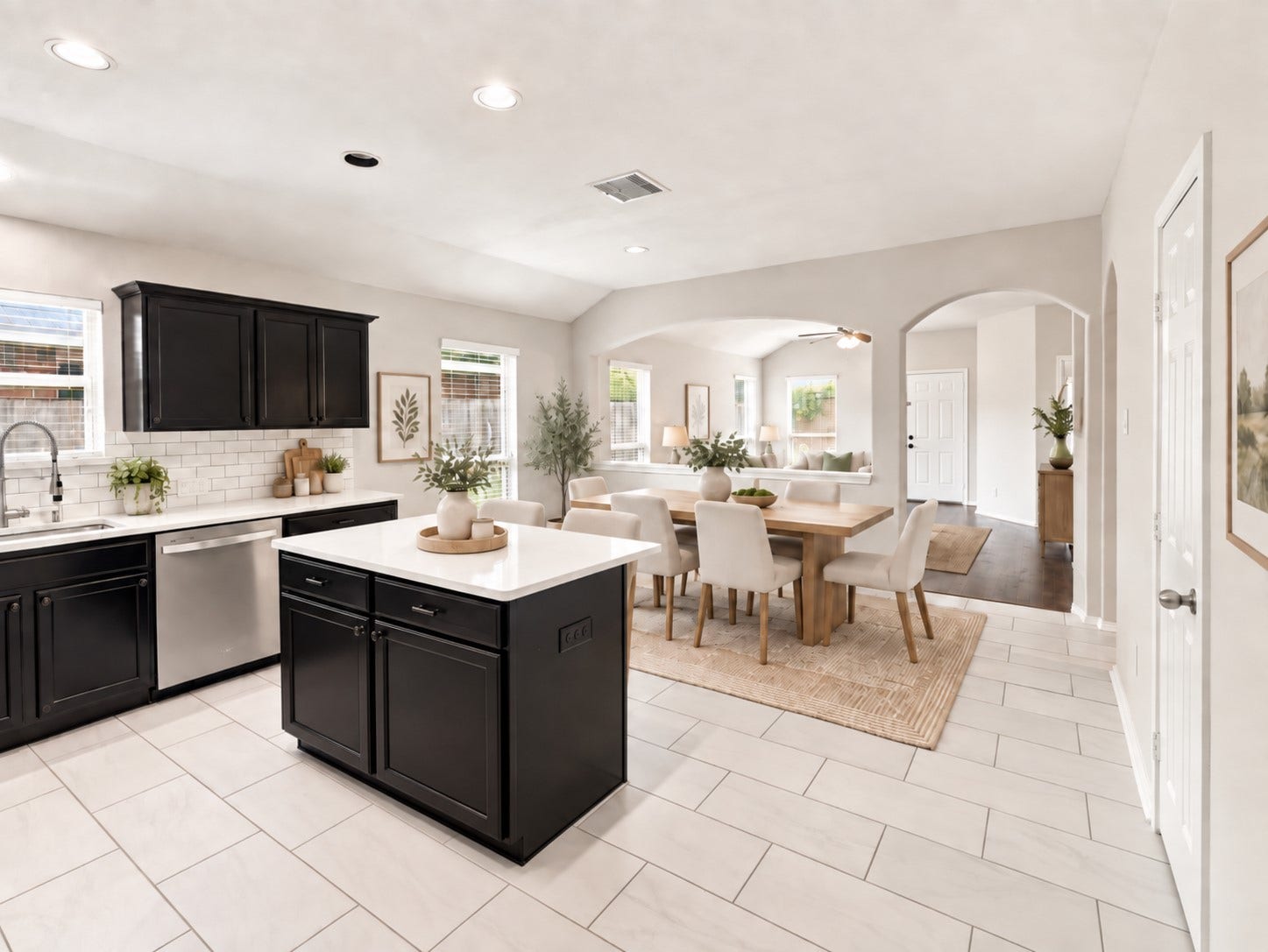 Open kitchen and dining area with center island, tile flooring, and open sightlines to the living space. Virtually staged.