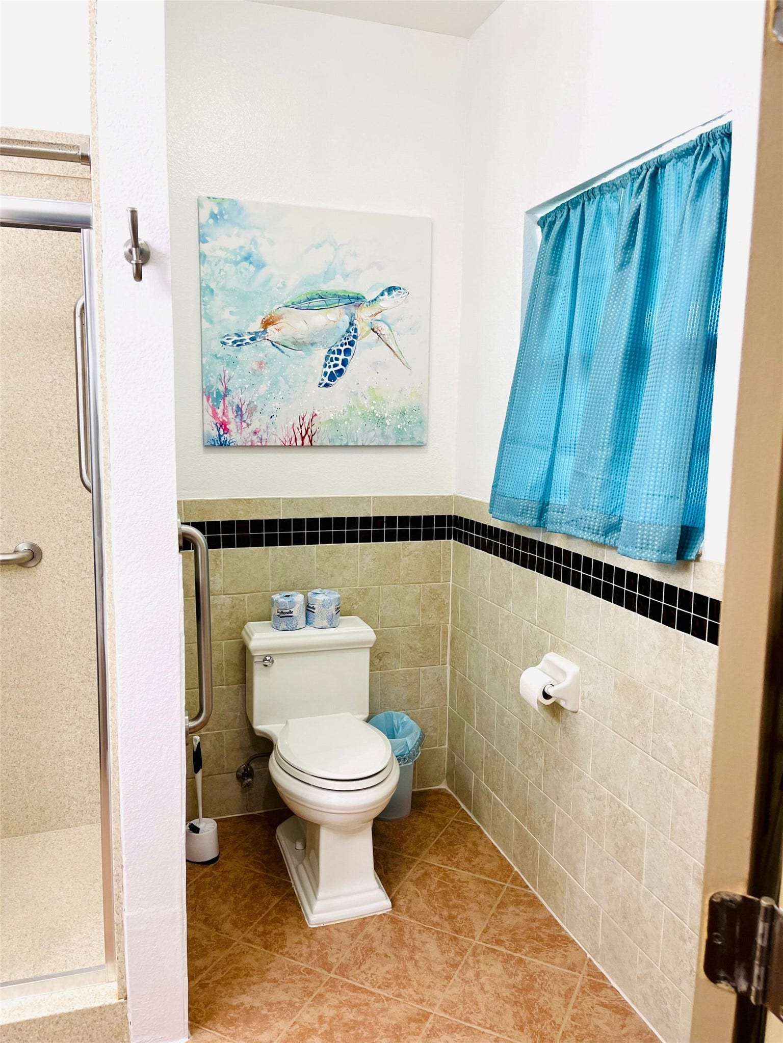 Charming bathroom with a serene sea turtle artwork, featuring a convenient walk-in shower and tasteful tile accents.