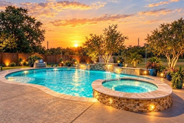 928 Oleander Street, Lake Jackson, TX 77566 Experience ultimate relaxation with this luxurious backyard oasis, featuring a sparkling pool and spa surrounded by lush landscaping and elegant lighting, perfect for sunset views.