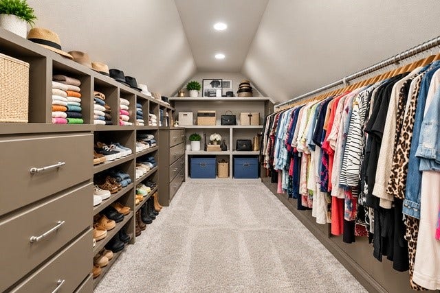 928 Oleander Street, Lake Jackson, TX 77566 A spacious, well-organized walk-in closet featuring ample shelving, drawers, and hanging space with plush carpeting and recessed lighting.