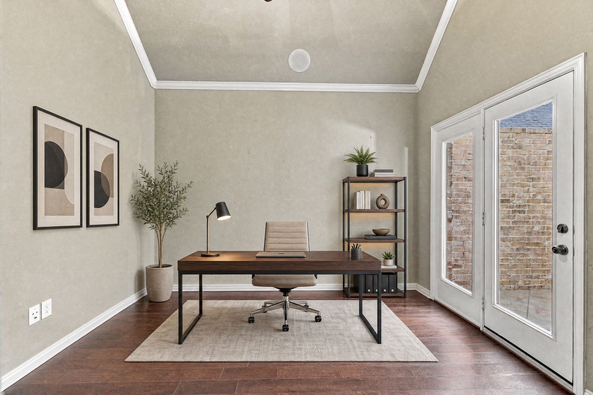 Home office features vaulted ceilings, and abundant natural light from double glass doors. Space is virtually staged.