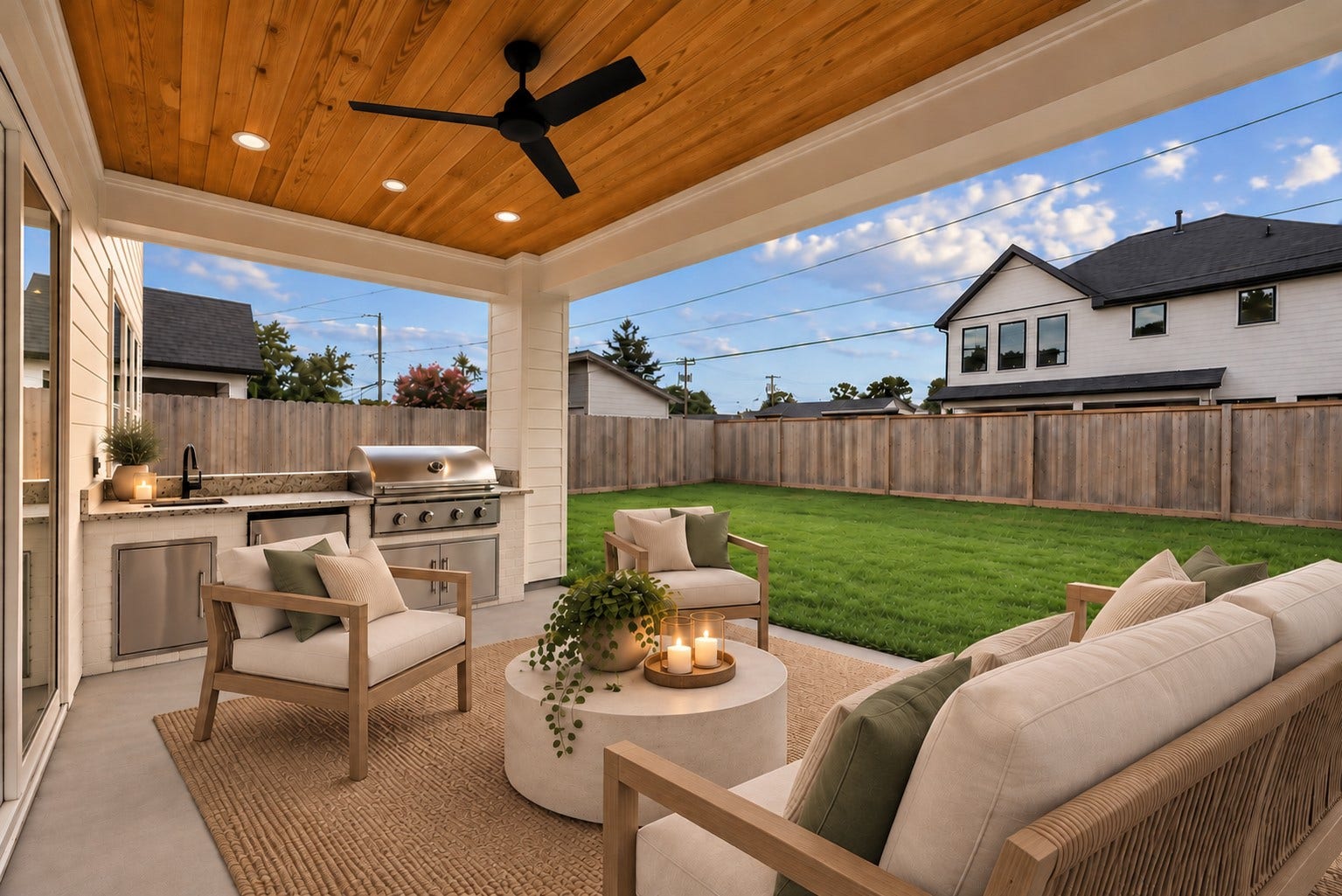 1726 Saxon Drive, Houston, TX 77018 Covered outdoor living area featuring a wood-paneled ceiling, built-in summer kitchen, and comfortable seating overlooking the spacious backyard.