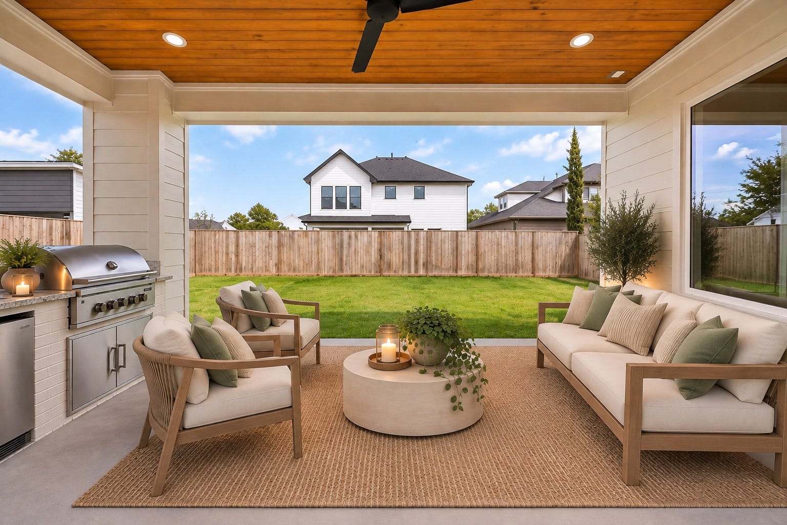 1726 Saxon Drive, Houston, TX 77018 The covered outdoor living area features a built-in grill, wood-paneled ceiling, and generous seating space overlooking the expansive backyard.