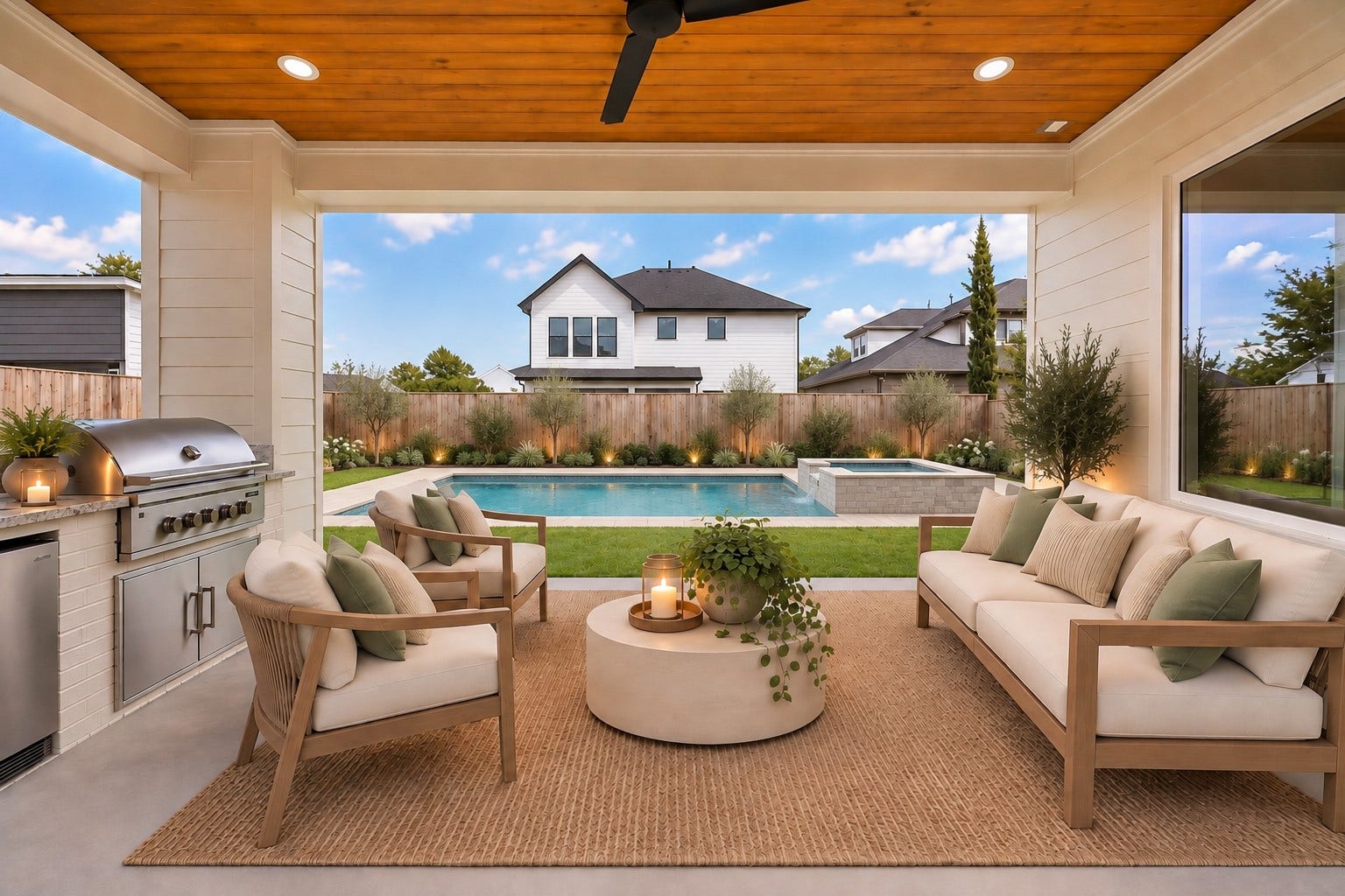 1726 Saxon Drive, Houston, TX 77018 Virtually rendered to illustrate the backyard's potential for a custom pool, spa, and landscaping, with ample space for outdoor entertaining.