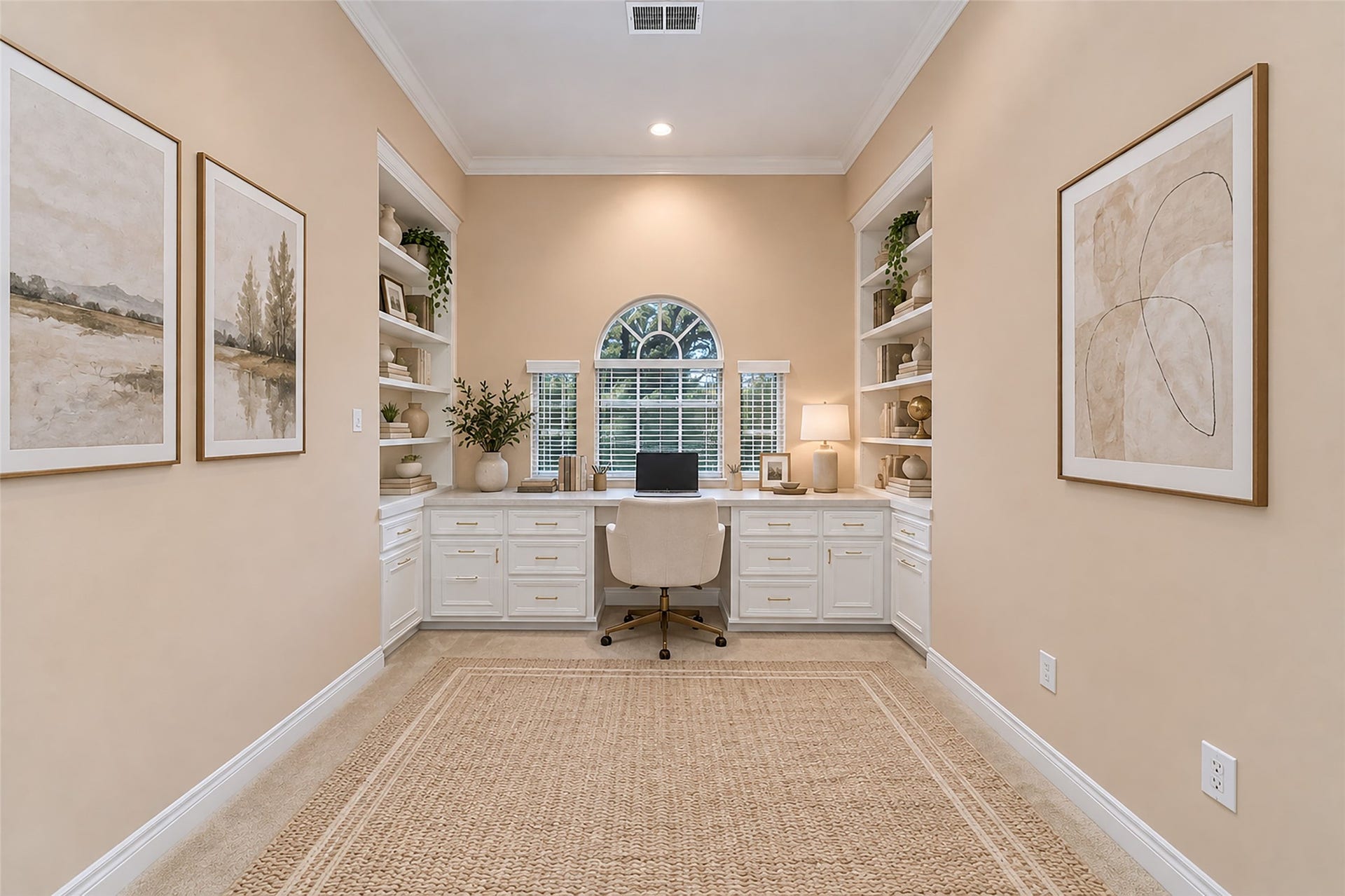 16114 Lafone Drive, Spring, TX 77379 Charming upstairs flex space with built-in cabinetry and shelving offers a cozy spot for a study area, reading nook or additional workspace. Virtually Staged.