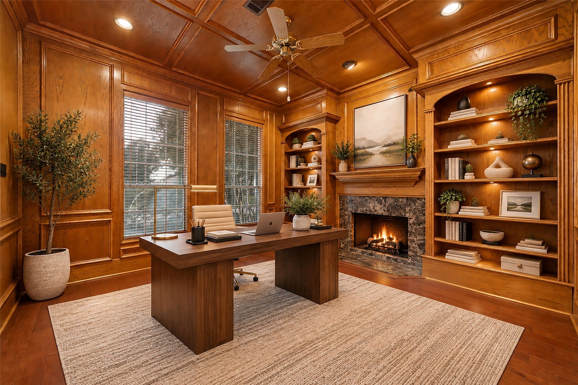 16114 Lafone Drive, Spring, TX 77379 This stunning private home office is filled with warmth and character, featuring rich wood built-ins, a gas fireplace and beautiful coffered ceiling. Virtually Staged.