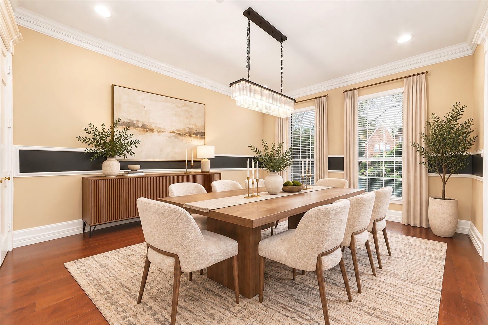 16114 Lafone Drive, Spring, TX 77379 A beautiful formal dining room with wood flooring, crown molding and custom chandelier provides an inviting setting for family dinners and holiday gatherings. Virtually Staged.