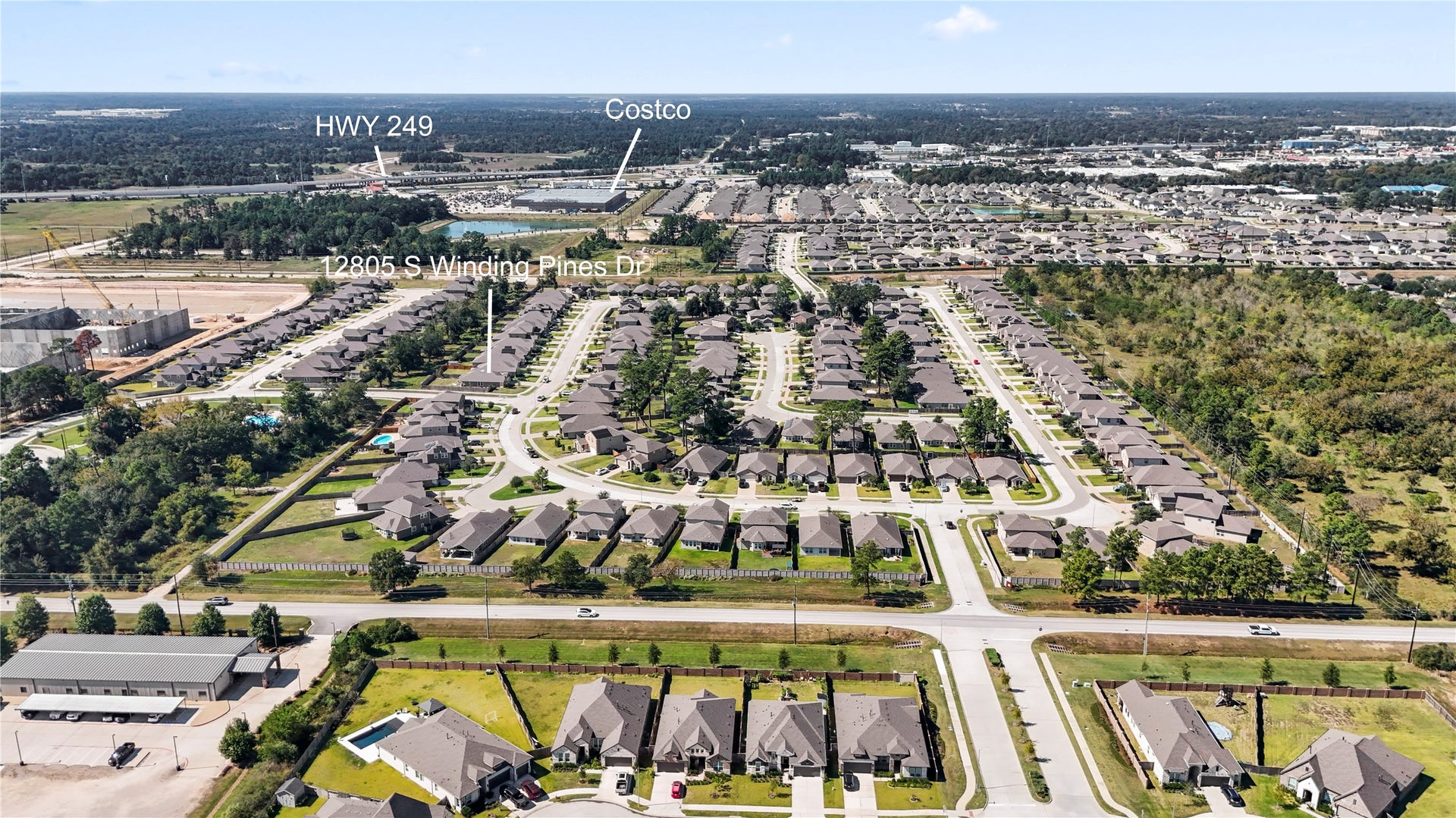 12805 S Winding Pines Drive, Tomball, TX 77375 Enjoy the best of both worlds: a picturesque neighborhood setting and a premier location with amazing everyday convenience. Note the locations of Highway 249 and Costco to the home.